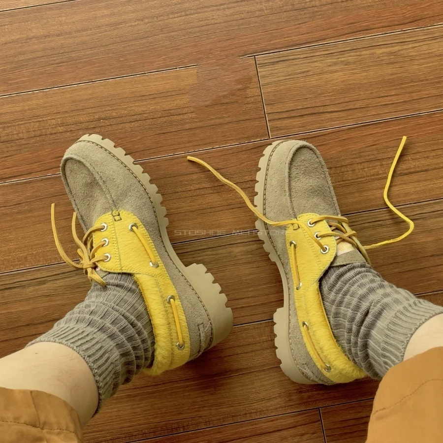 Vintage Yellow Khaki Suede Spliced Lace Up Derby Shoes Thick Sole Workwear Casual Leather Shoes Plus Size