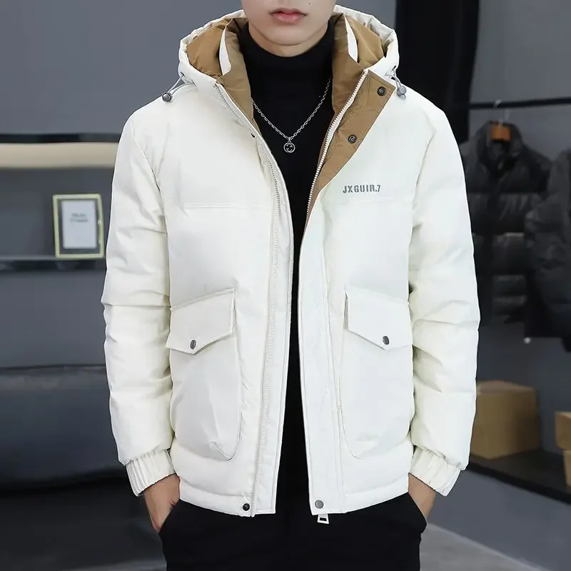 

Молодежная повседневная короткая верхняя одежда на белом утином пуху с капюшоном, новая зимняя мужская пуховая куртка, мужская однотонная утолщенная теплая верхняя одежда большого размера