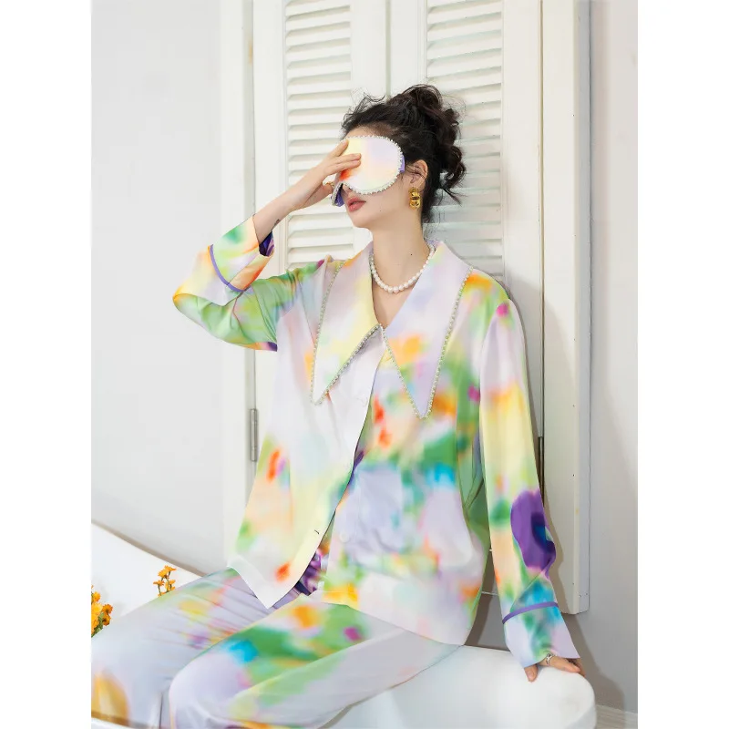 2 Pieces Set Women Sleepwear Watercolor Print Long-sleeved Pajamas Spring Diamond-encrusted Large Lapel Silk Home Clothes Suit