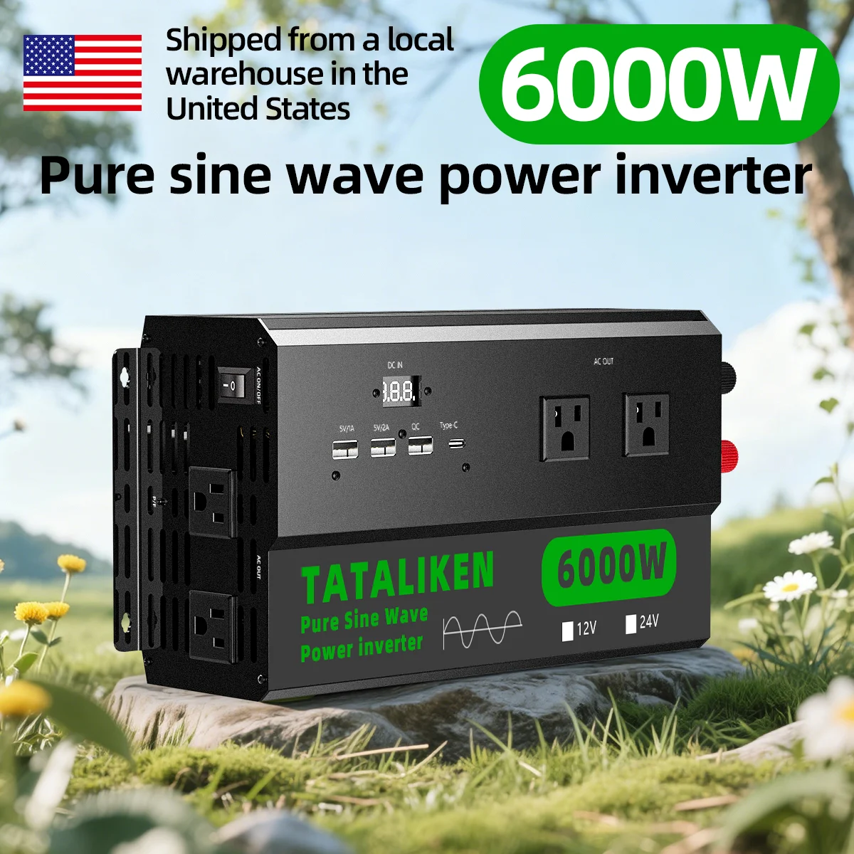4000W Pure Sine Wave Inverter 110V, 4 US Outlets Portable Power Converter with Volt Display & Smart Cooling Fan