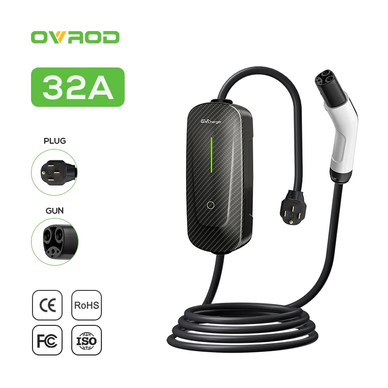 Ovrod New Energy Vehicle Portable Ev Charger for Tesla Electric Vehicles 7Kw 32A Adjustable Current Controller Wallbox