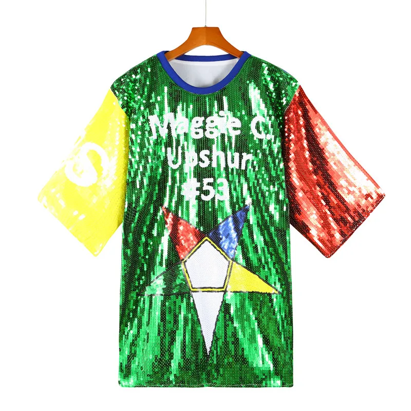 Summer New Sequins Round Neck Geometry Letter Patchwork ShortSleeve Female Straight Streetwear Hip Hop Night Club Women's T-shir