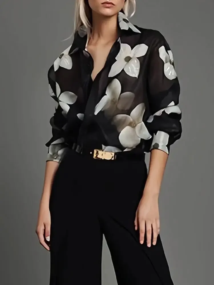 

Women's French Elegant Retro Black Shirt Floral Print Collared Long Sleeve Oversized Office Casual Top 2026 Spring New Blouse