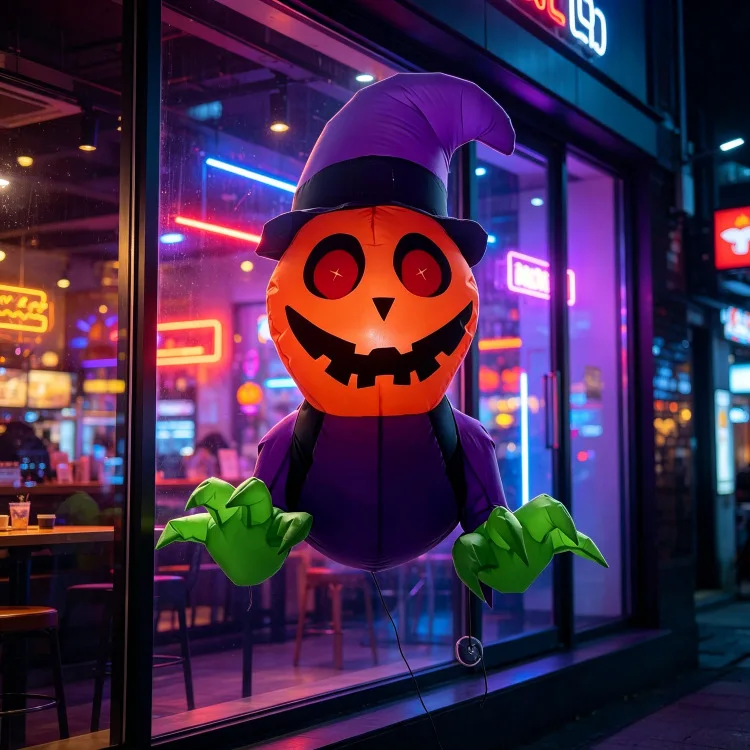 3.5 Ft Inflatable Halloween Window Decoration | Blow Up Pumpkin Ghost Broke Out from Window Built-in Multicolored Changing Light