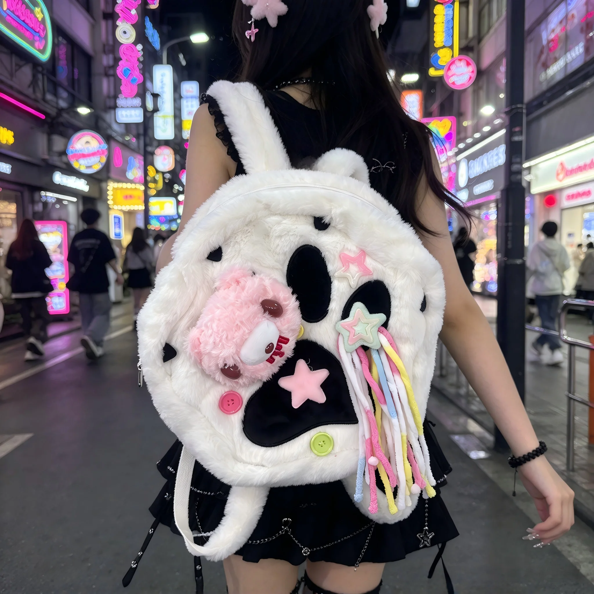 Cute Paw‑Shaped Fluffy Plush Backpack, Sweet Y2K Style Bag With Bear & Star Decor for Girls Daily Outdoor Travel