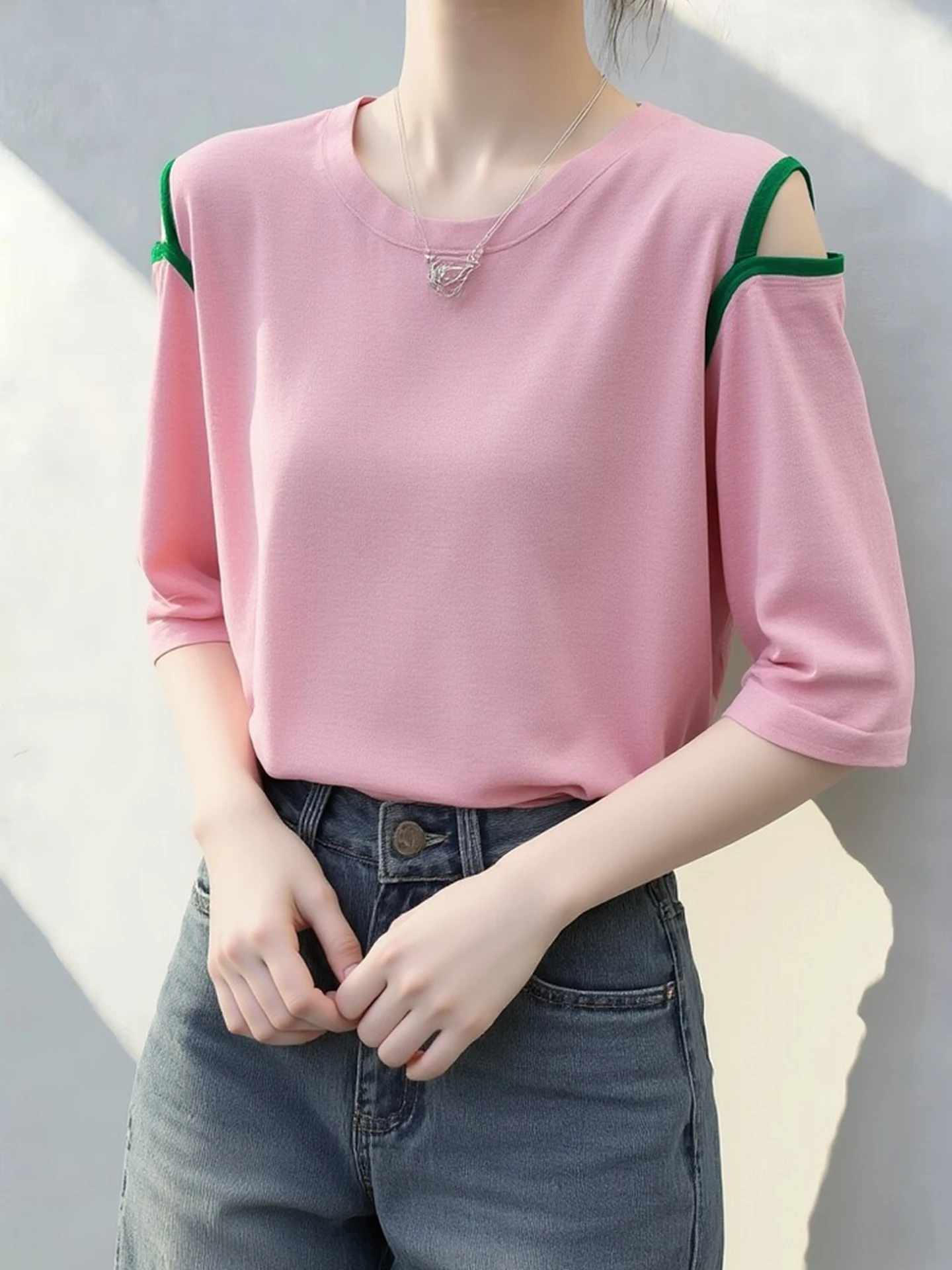 

Вязаная футболка с коротким рукавом для ранней весны, женская, повседневная, с цветными блоками, свободного кроя, с круглым вырезом, для создания молодежного образа