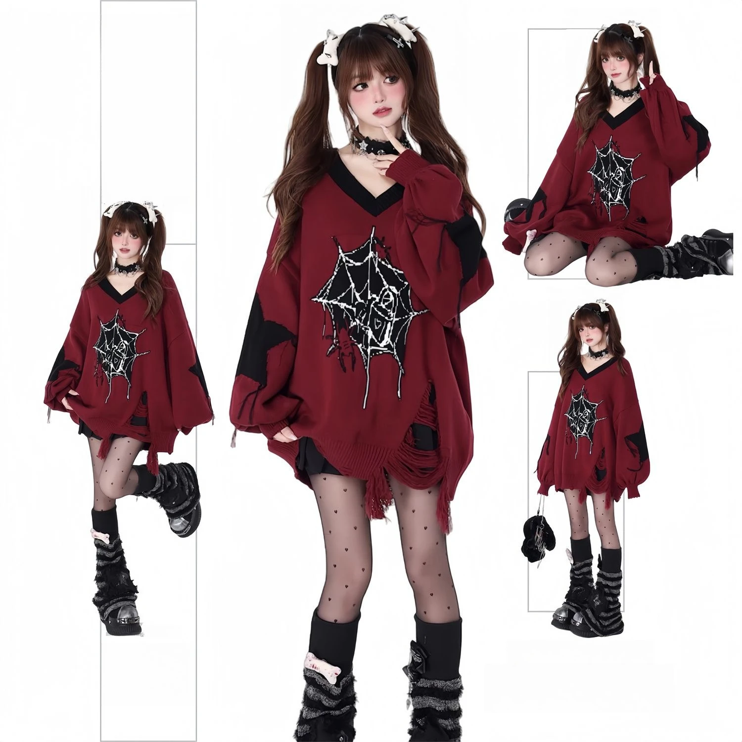 Subcultuur Y2k Zoete Gothic Off Schouder Losse Truien Vrouwen Herfst Winter Tops Gebreide Trui Harajuku Losse Vrouwelijke Nieuwe