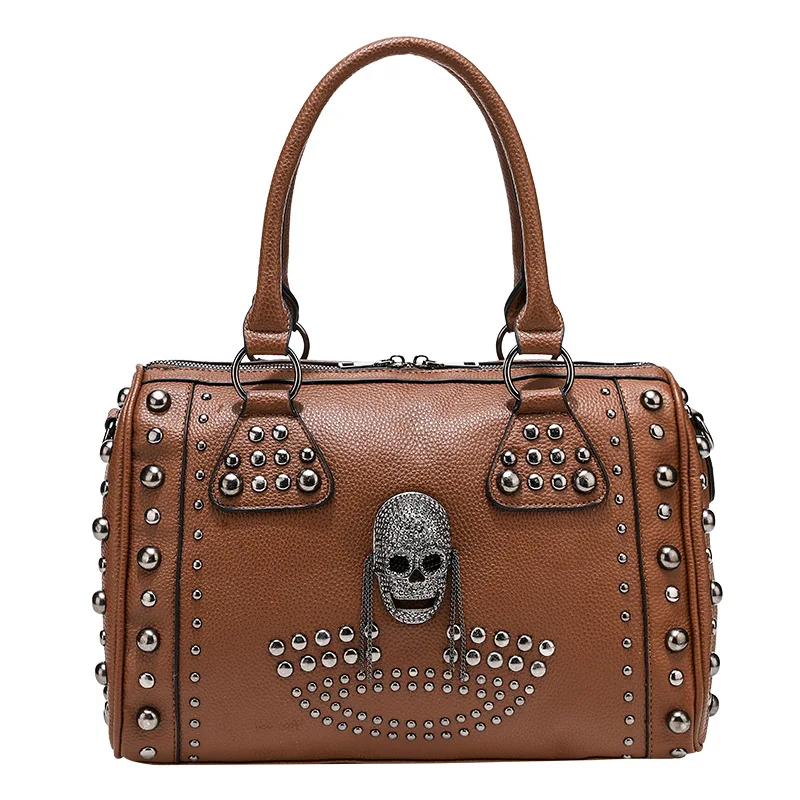 Trendy Metal Skull Studded Black Handbags Gothic Rivet Womens Purse Satchel Handbag Shoulder Bags Large Capacity