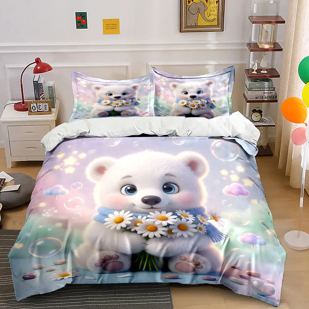 

Fluffy bear with daisies dreamy Print Bedding Set 1 Duvet Cover 2 Pillowcases for Adult and Children Luxury Gift Full Size