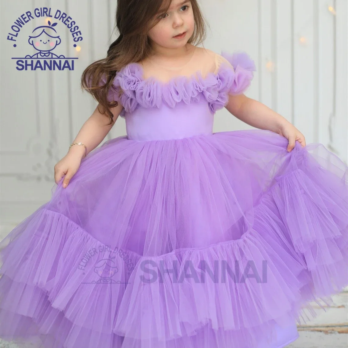 

Flower Girl Dresses Violet Round Neck Short Sleeves Pleated Flowy Skirt Ball Gown Birthday Party Evening Wedding Princess Dress