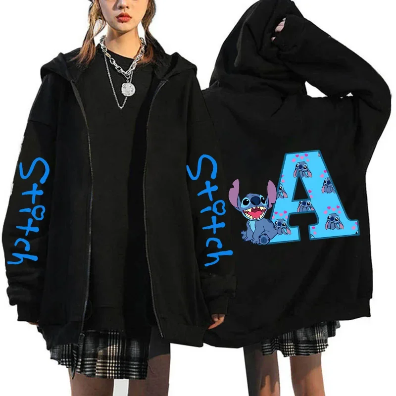 Felpe con cappuccio Zip Up Felpe con cappuccio da donna Cerniera carina Disney Lilo & Stitch 26 lettere inglesi Stampa Felpa con cappuccio Coppia Streetwear