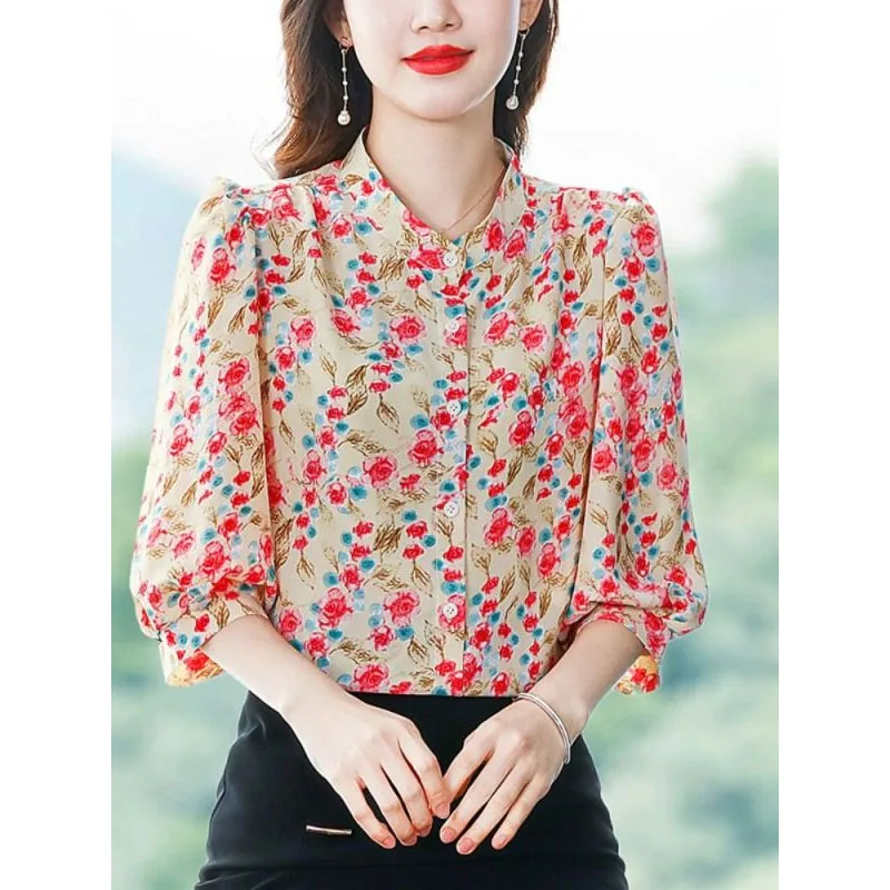 2024 Summer New Women\'s Elegant Versatile Slim Fashion Korean Version Crew Neck Printed Button Commuter 3/4 Sleeve Shirt Tops