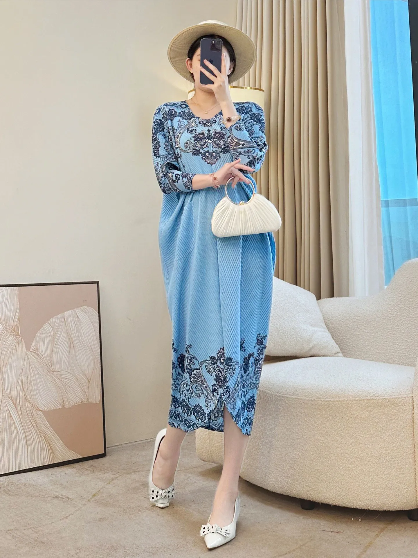 여성용 플리츠 미디 드레스 - 블루 페이즐리 프린트 3/4 소매, 여성 보헤미안 플리츠 드레스 2025 신상품 - 캐주얼 파티웨어