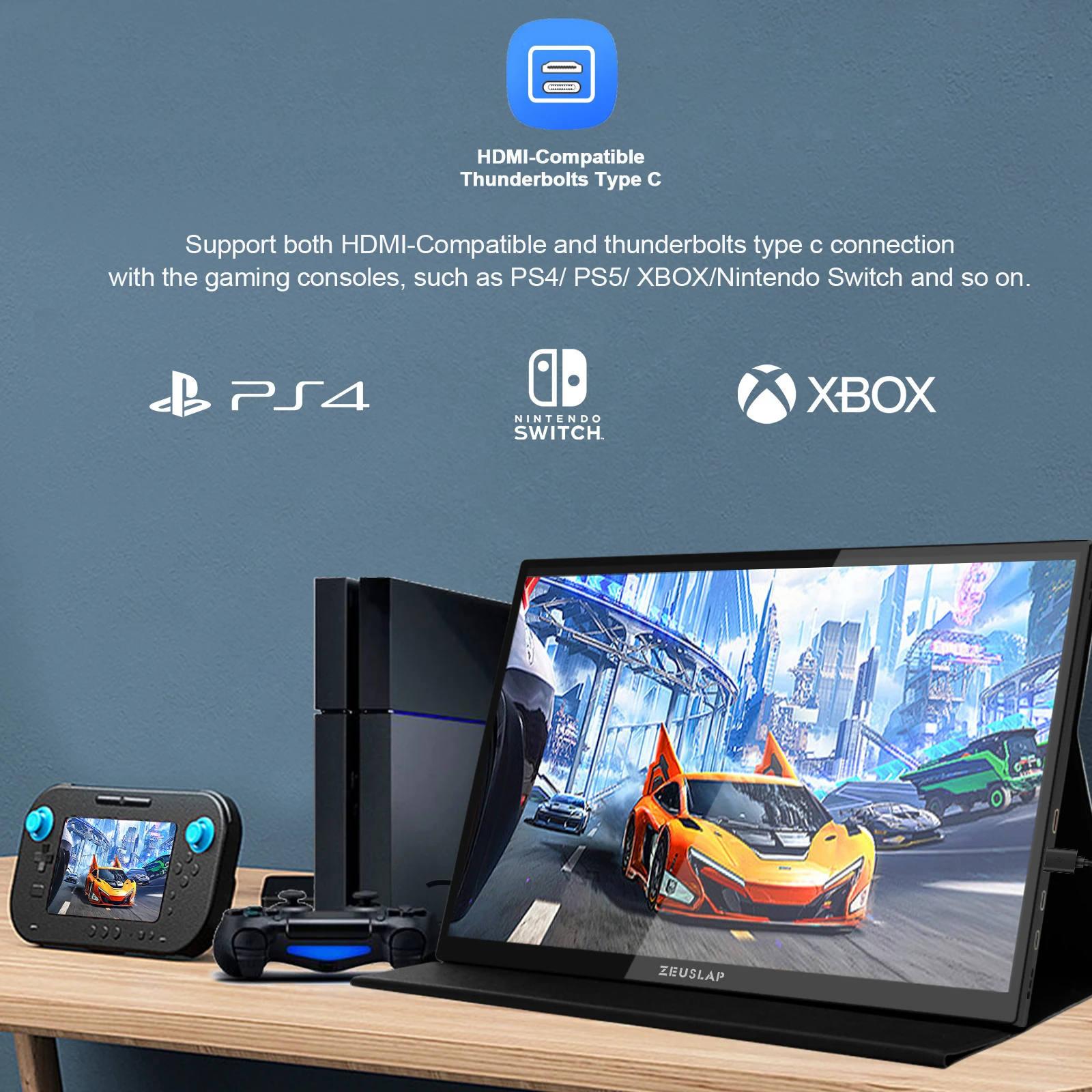 ZEUSLAP Monitor portatile Miracast wireless da 16 pollici Funzione touch Estendi lo schermo per il telefono portatile PS5 Xbox con batteria