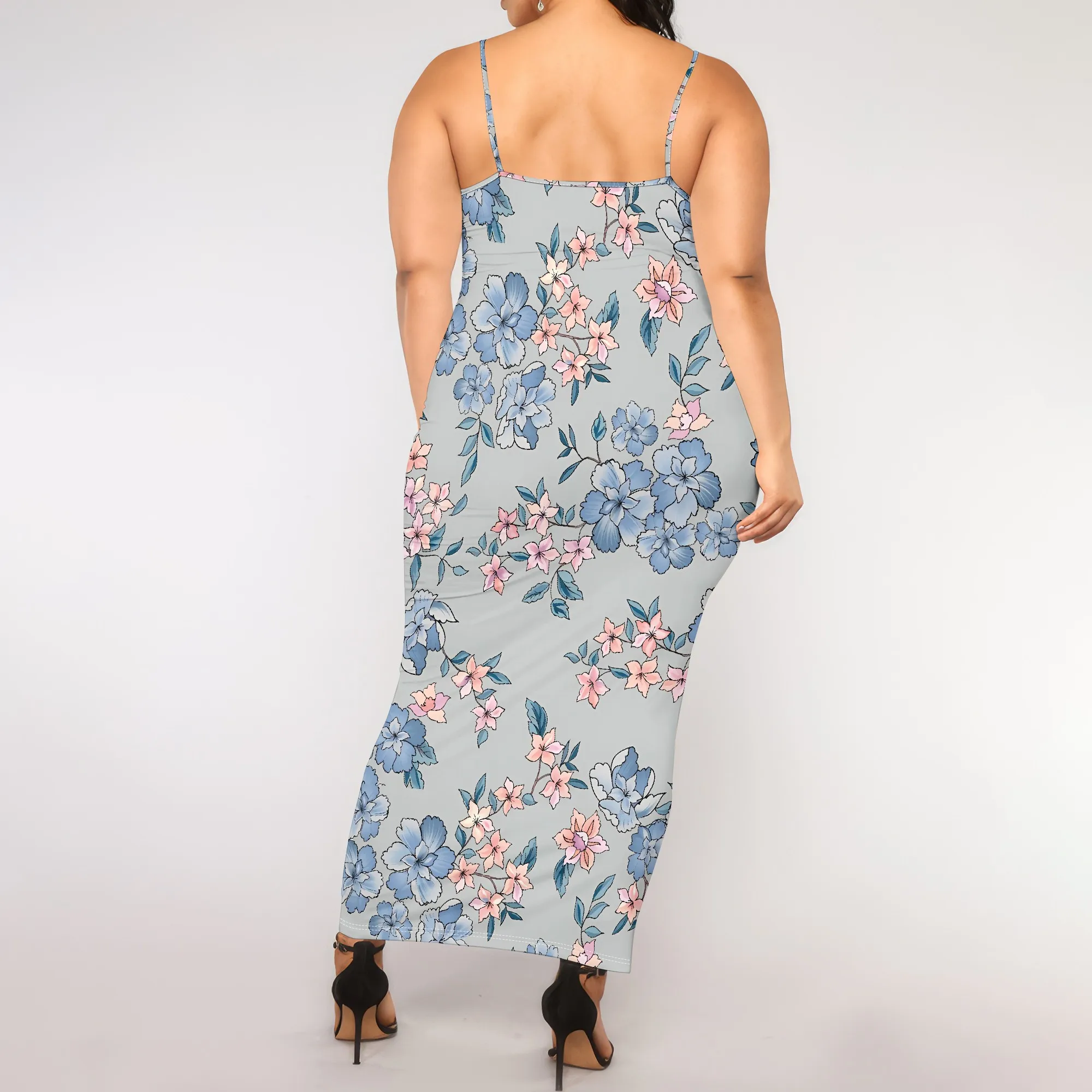 플러스 사이즈 스파게티 스트랩 블루 꽃 Bodycon 맥시 드레스 여성 캐주얼 여름 복장