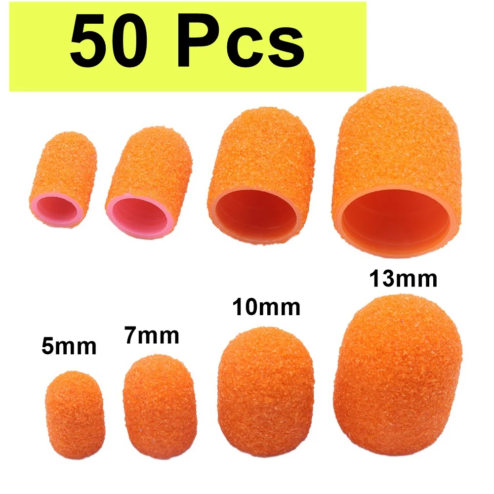 50Pcs Orange 80 Grit 5mm Sanding Caps Replacement Sleeves for Nail Drill Foot File Callus Remover Manicure Pedicure Polisher