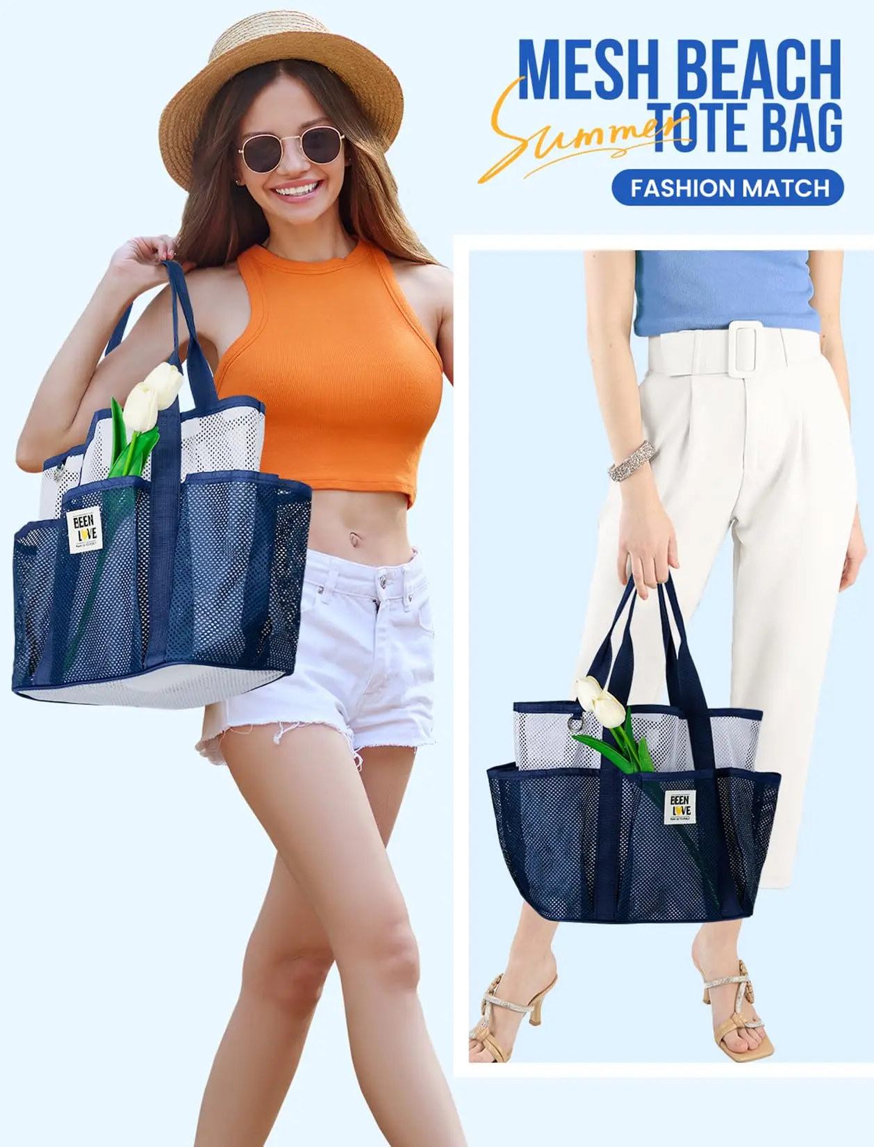 Mesh Beach Bag for Women Small Beach Tote Bag Sandproof Foldable Swim Pool Bag with 8 Pockets for Travel