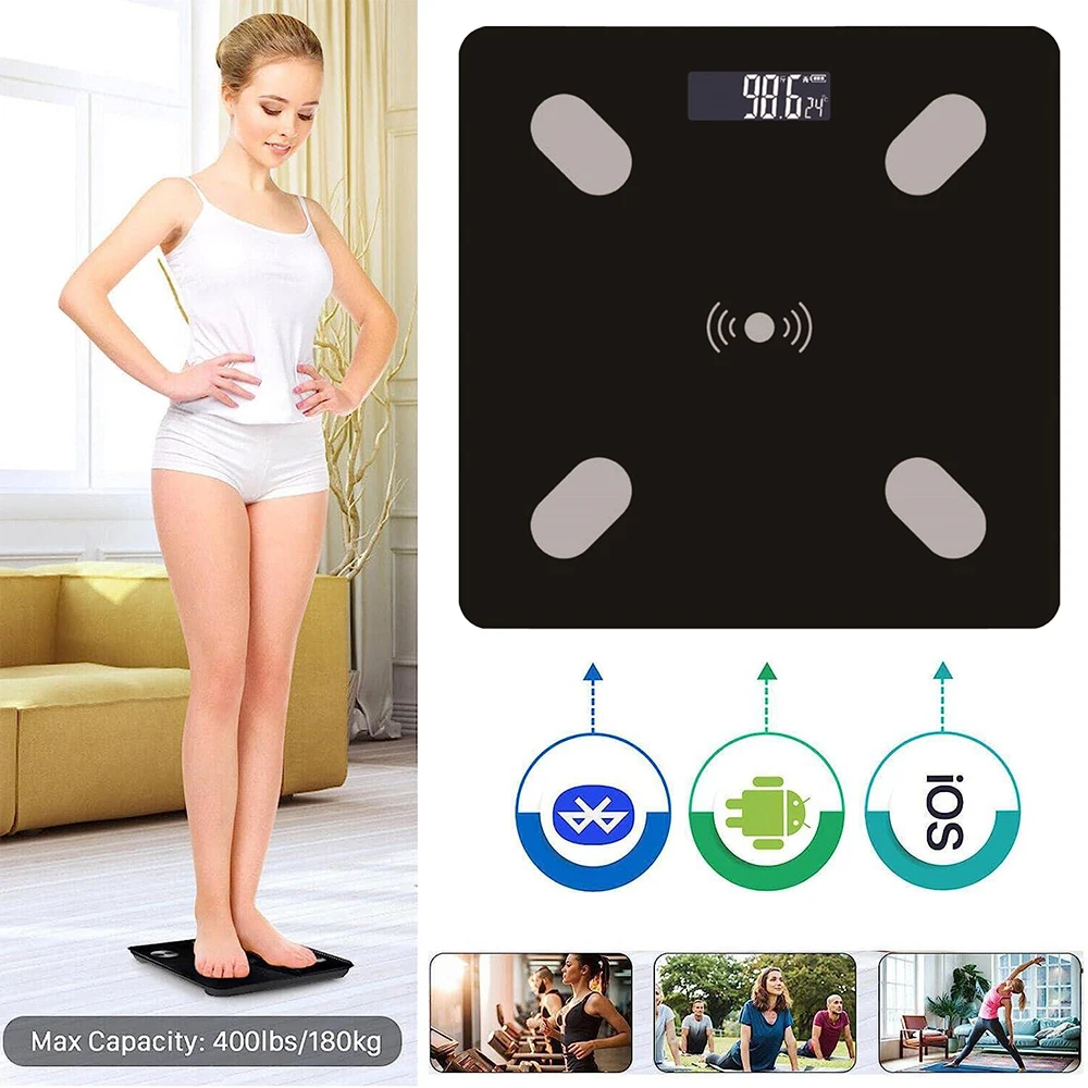 Báscula de baño digital Báscula de peso corporal de 180 KG LCD Electrónica Negro