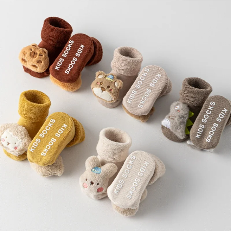 Newborn 3D Doll Non-slip Floor Socks Winter Toddler Thicken Fleece First Walker Sock Cute Cartoon Furry Sock For Boys Girls 0-3Y