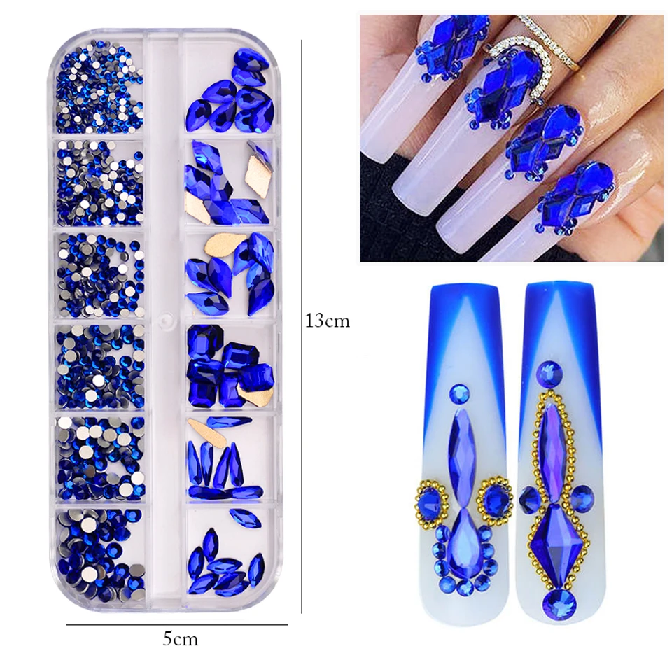 New Multi-Shapes 12 Grids Sapphire Nail Rhinestones 3D DIY Nail Art Decorations Nail Charms Accessories for Professionals