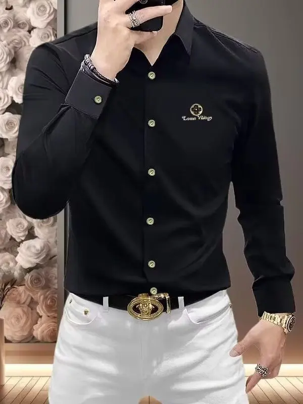 

High-End Men's Slim Fit Long Sve irt Elastic Busin Casual Bla Spring Autumn Faion Urban Sle Antimicrobial Polye...