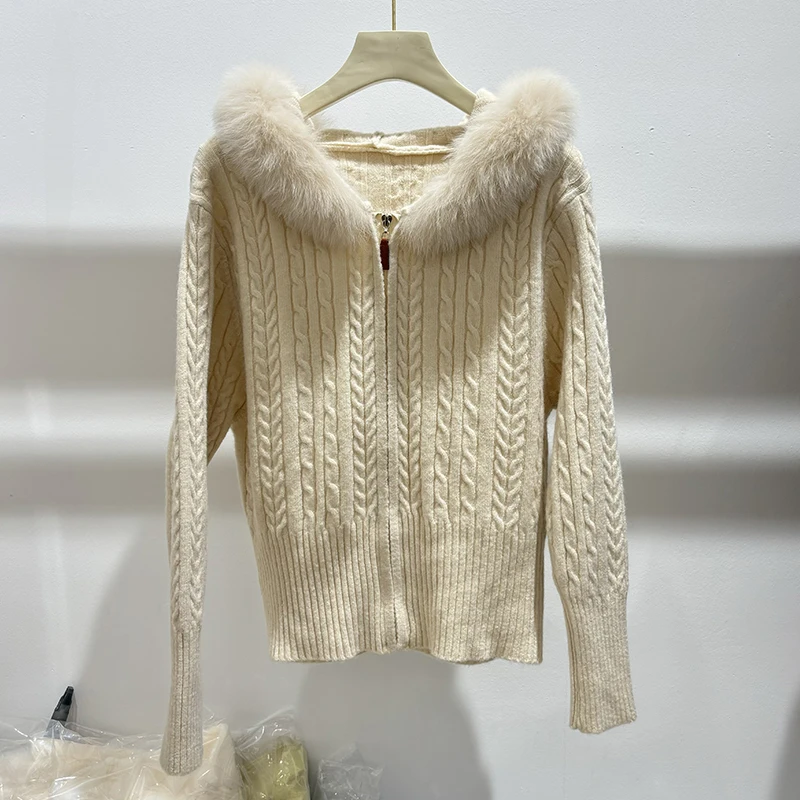 2025 New Arrival Women Autumn Real Fox Fur Collar Hoodie Slim Sweater Girl's Pink Hooded Sweater Jacket Coat