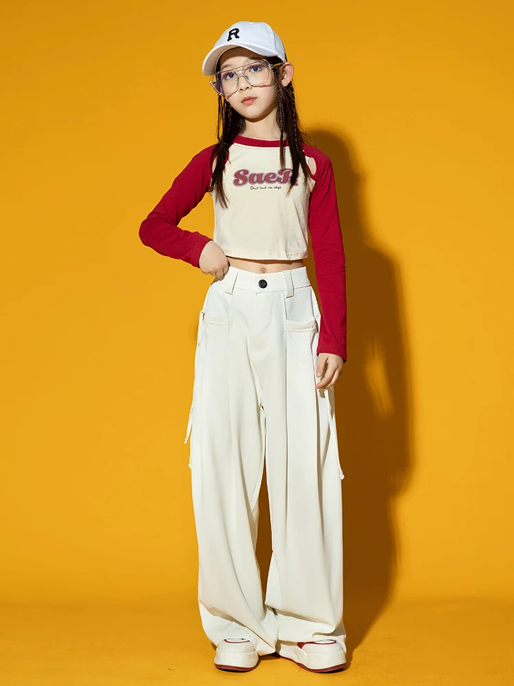 ห้องบอลรูม Hip Hop Dance เสื้อผ้าสำหรับสาวแจ๊สเครื่องแต่งกาย Crop Tops สีขาวสบายๆกางเกงเด็กวัยรุ่นเสื้อผ้าเวที BL10208