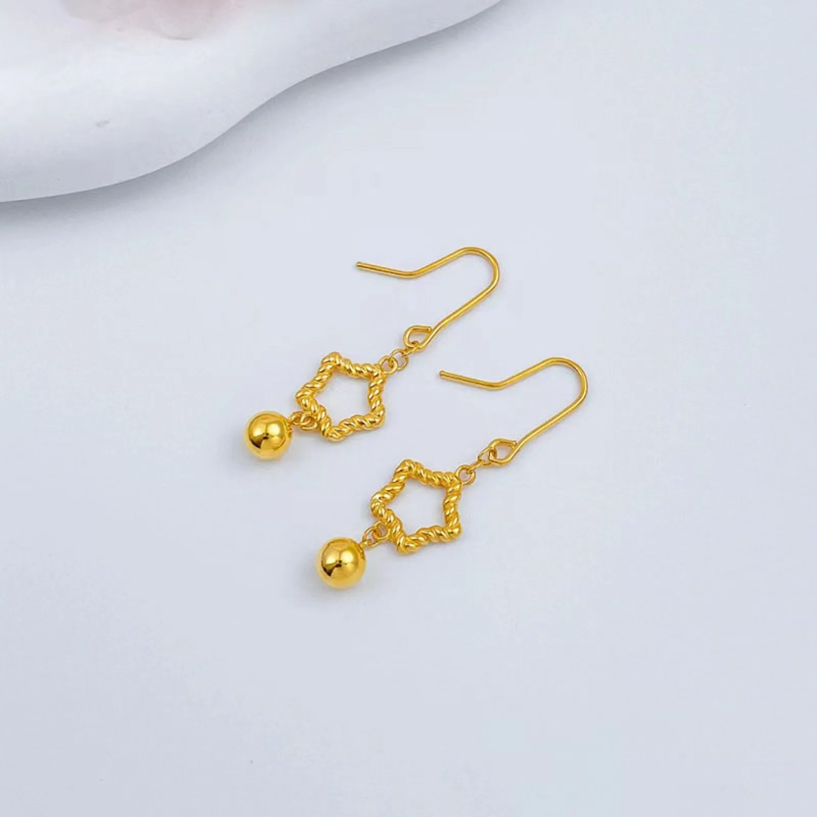 Real Pure 999 24k Yellow Gold Dangle Women Lucky Glossy Ball Twist Star Earrings 3.12-3.2g