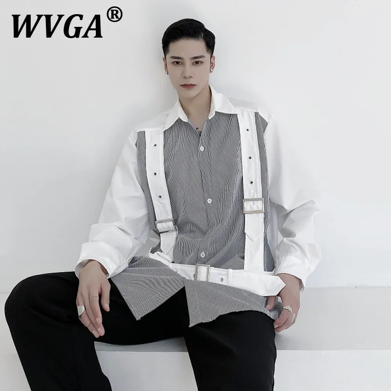

WVGA Spring Autumn New Men Tide Techwear Striped Color-Block Personality Design Long Sleeve Shirts Loose Chic Causal Shirt W7464