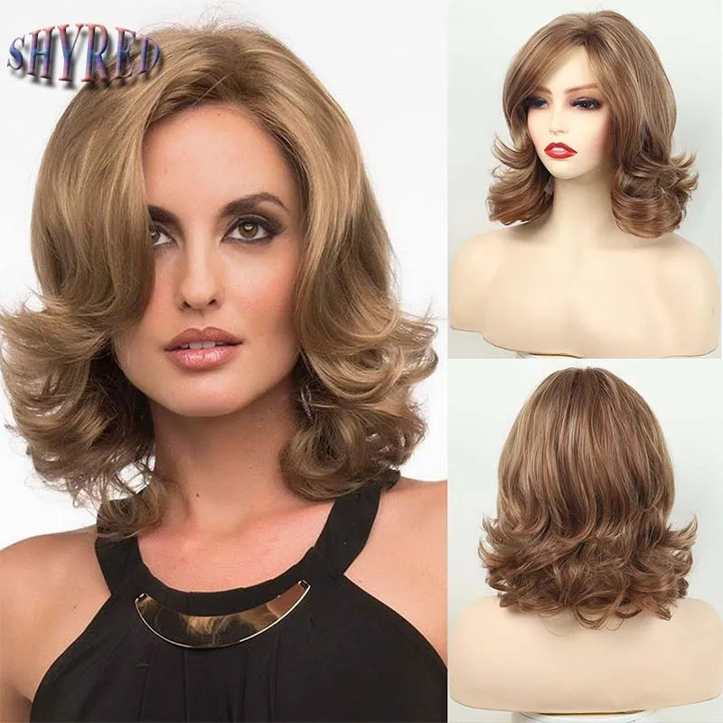 

Short Curly Synthetic Wig with Bangs Mommy Daily Hair Soft Brown Ombre Wave Wigs Costume Party for Women