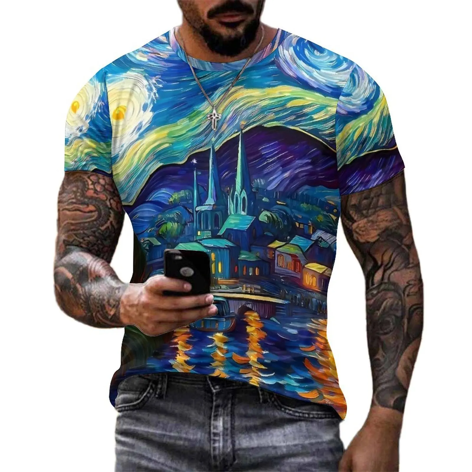 Beach T Shirt Van Gogh Inspired Starry Night T-Shirts  Y2K Fun Vintage Tee Shirt For Men Short-Sleeve Printed Plus Size Tops