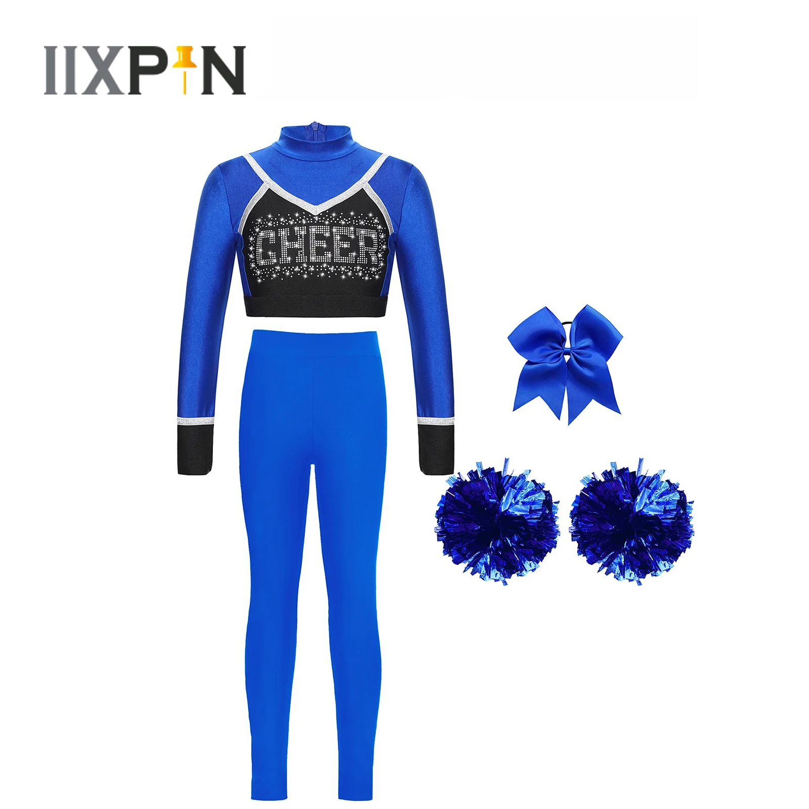 Dziecięce dziewczęce kostiumy do tańca cheerleaderek błyszczące Rhinestone wzór w litery krótki top z długim rękawem + legginsy + nakrycia głowy + kule kwiatowe 5 sztuk