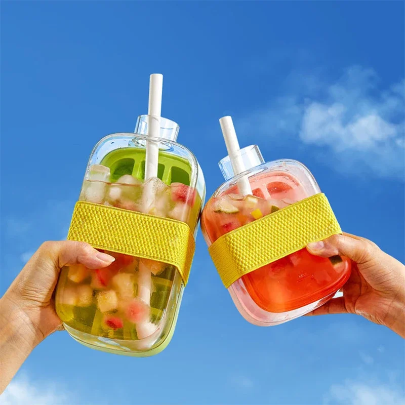

2-in-1 Ice Maker Cube Bottle 500 800ml Portable Ice Maker Kettle With 18/12 Grids Flat Touch-free Silicone Ice Cube Trays