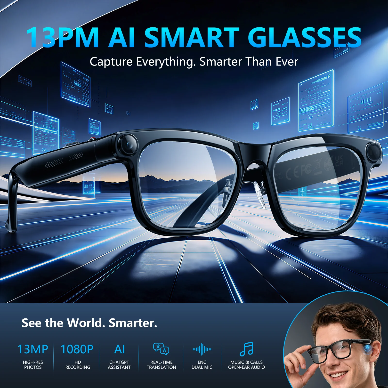 KAIGERR 300mAh Smart Glasses 4K 1300W Pixels Camera Video Recording AI Photo Recognition Bluetooth Call Voice Translation Men Women Sunglasses Smart Devices