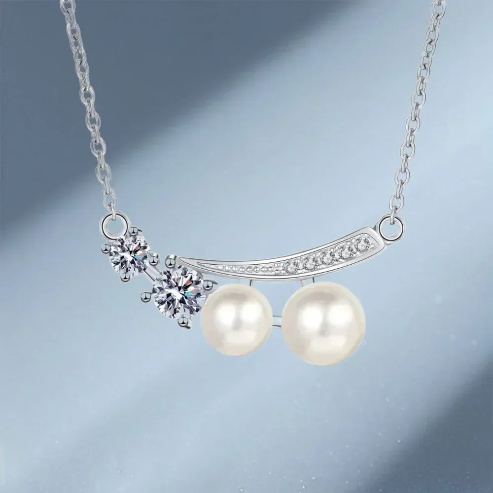 Classic 0.43CT Moissanite Diamond 6mm Freshwater Pearl Pendant Collar Chain, PT950 Platinum Necklace for Women Brilliant gift