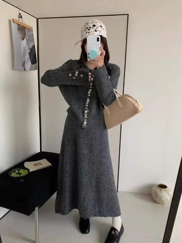 

Autumn Winter New Sle Clete Set Small Fraance Design round Ne Knitted Sweater Unique Ins Beautiful f Skirt Two Pi...