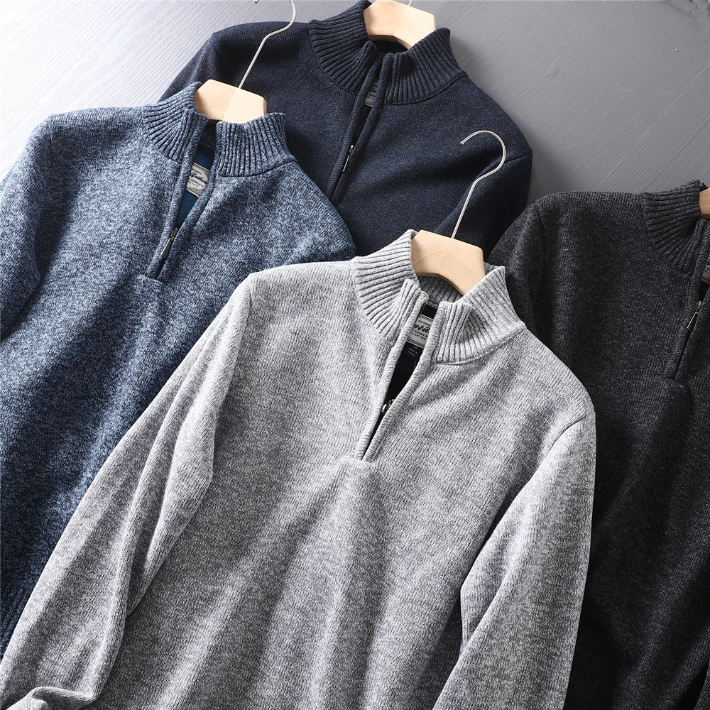 

Thiened Fce вязаный свитер на молнии, повседневный осенне-зимний мужской тюнер-стойка, длинный свек, воротник-стойка, теплый полиэстер