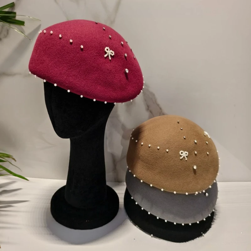 Luxury Luxurious Hand Sewn Pearl Rhinestone Beaded Flowered Hat Australian Wool Beret Elegant Flight Attendant Hat