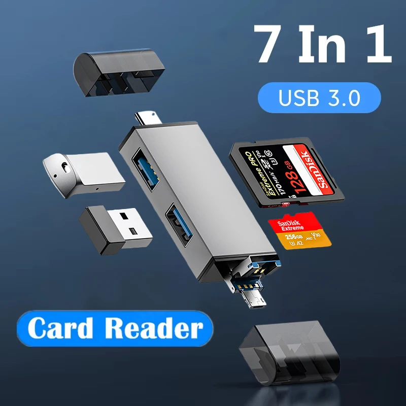 7-in-1 Metal Card Reader Car Charger Qualcomm Car Charger Head Multifunctional Multi Socket Mini Card Reader Expansion Dock