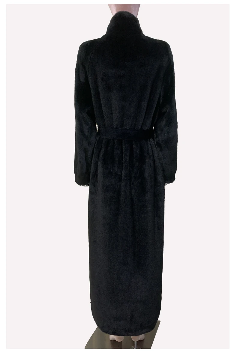 Nerazzurri Winter Extra Long Black Fluffy Thick Warm Soft Faux Rex Rabbit Fur Coat Women Stand Collar Sashes Maxi Furry Overcoat