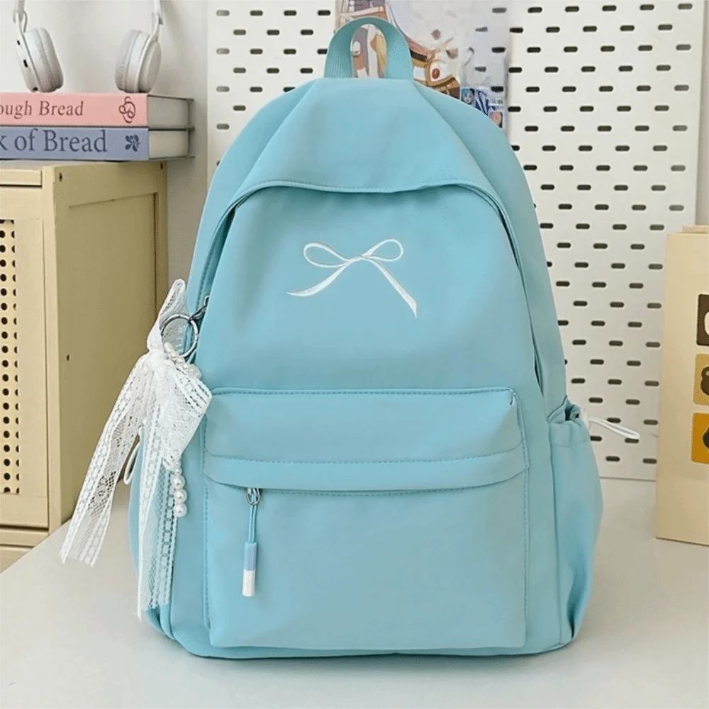 Portable Embroidered Bow Girls Backpack Nylon Solid Color Students Schoolbag Lightweight Large Capacity Travel Rucksack