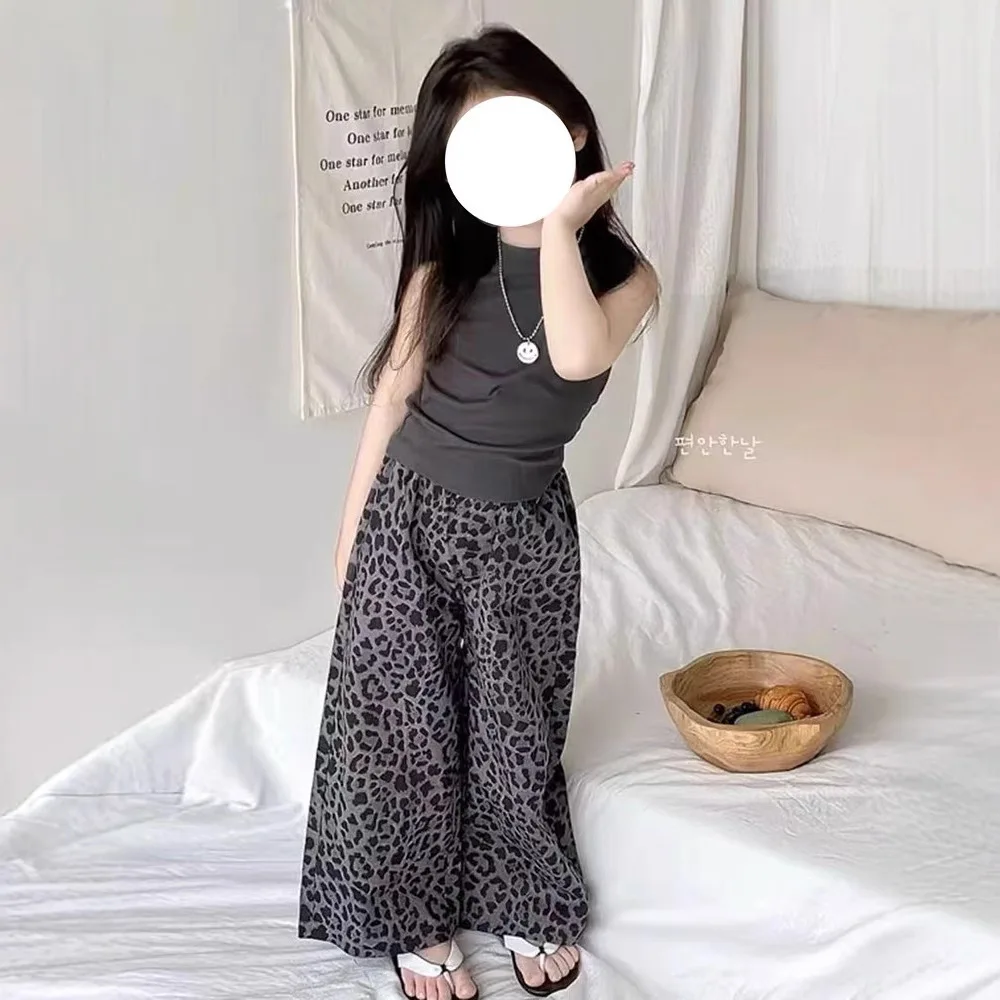 Printed Knitted Elastic Basic Set 2026 Summer New Girl Grey Short Slim Fit Tank Top+Loose Leopard Pattern Straight Leg Pants Set