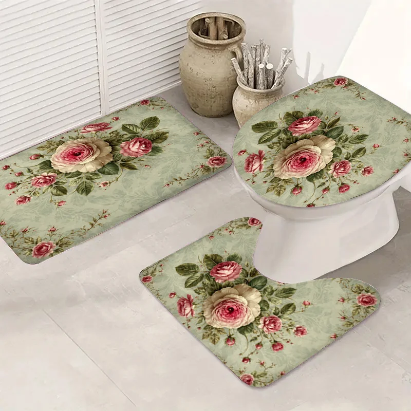 

Romantic Floral Bath Mat Set for Bathroom Home Decor Toilet Seat Cover Bath Rug