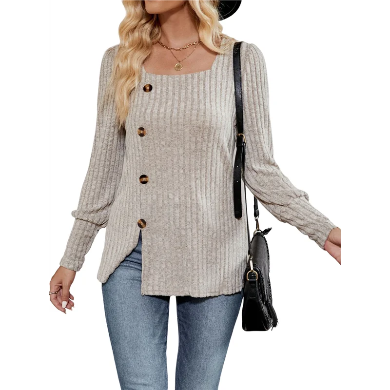 FX-Womens Fall Tops Soft Square Neck Long Lantern Sleeve Deco Buttons Side Slit Sweater Tunic Shirt