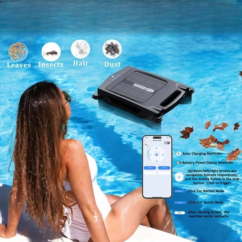 Solar Powered Robotic Pool Cleaner with APP Support - Cordless Automatic Skimmer for Swimming Pools - Dual Charging & Auto-Turn