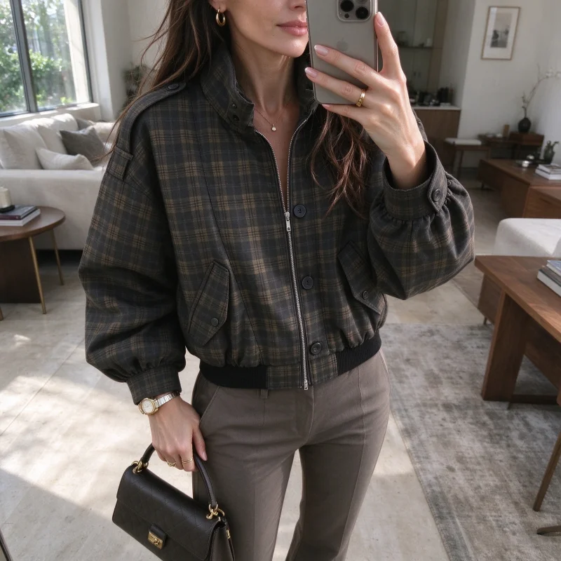 Women Plaid Stand Collar Padded Jacket Epaulet Shoulder Straps Lantern Sleeve Short Bomber Coat Winter Casual Retro Outwear