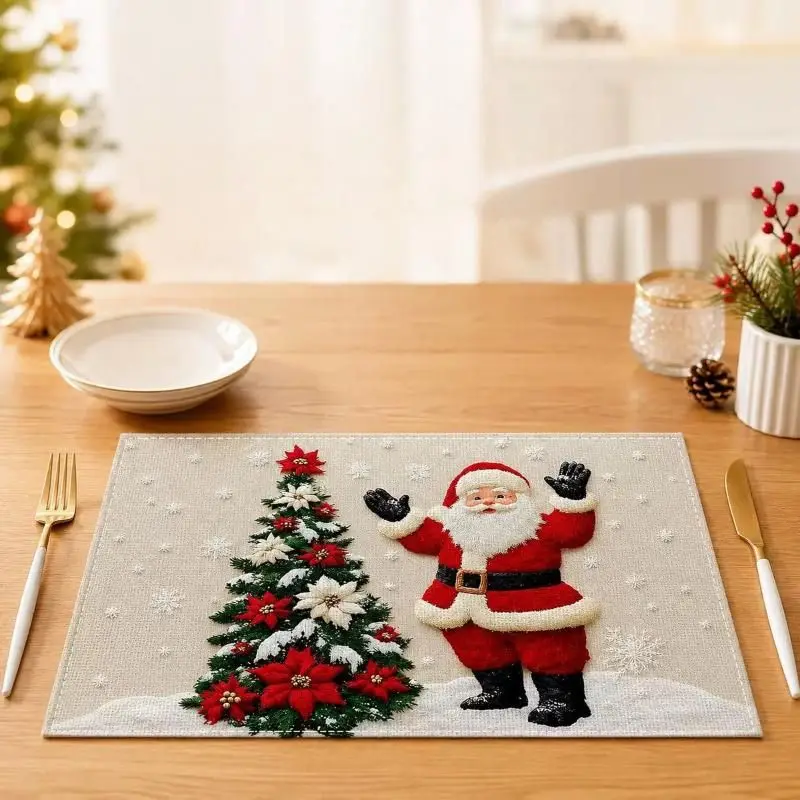 VIKAMA Christmas Reindeer Rabbit Snowflake Embroidered Placemat Dining Mat Table Setting Kitchen Decor Soft Durable Cozy Indoor