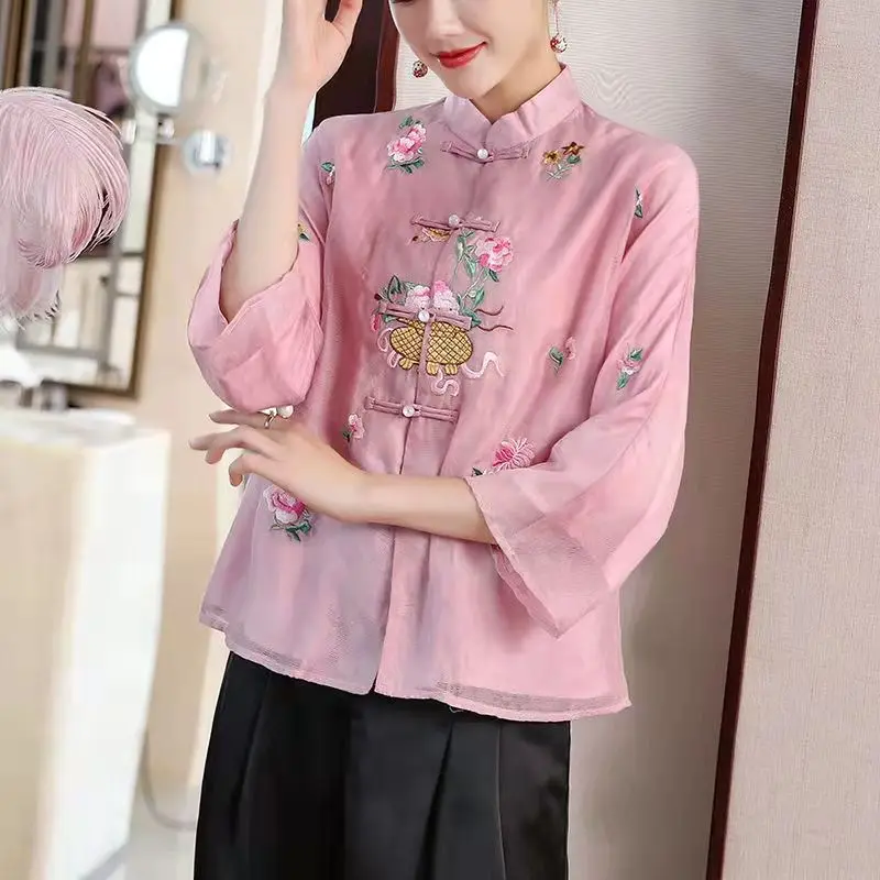 2024 Embroidery Chinese Tops Women Eleganti Loose Shirt Autumn Ethnic Style Tang Suit Coat Female Vintage Harajuku Hanfu Blouse