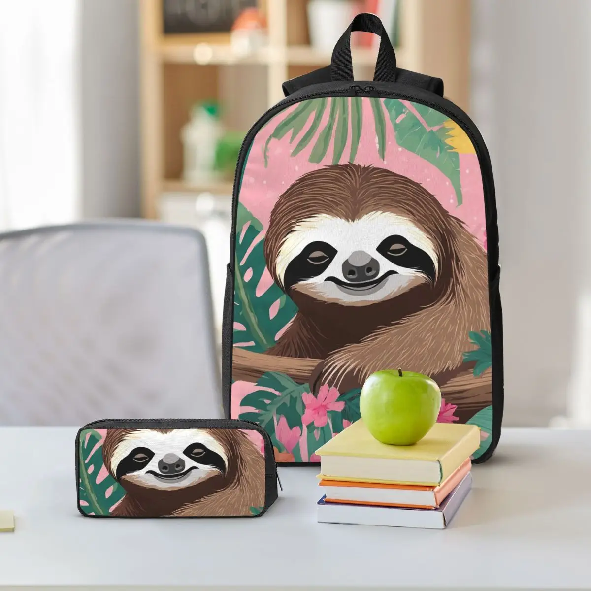 Adorable Sloth Cartoon Print Backpack Student BookBag School Bag Shoulder Bags 3ps Insulated Lunch Bag Pencil Case
