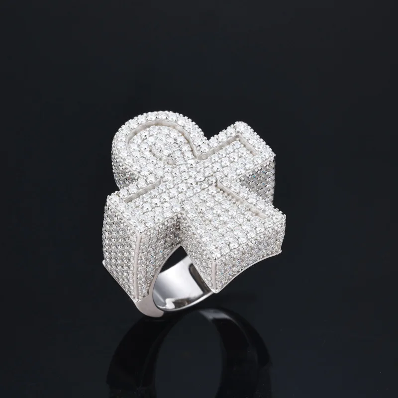 Moissanite S925 Sterling Silver Ankh Cross Finger Ring for Men Hip Hop Bling Iced Out Luxurious Club Rings Rapper Jewelry